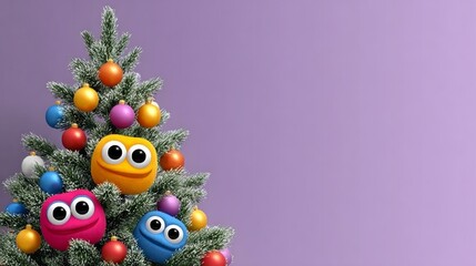 Wall Mural - a christmas tree with three small, colorful, cartoonish faces on it. the faces are smiling and the t