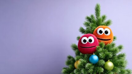 Wall Mural - two stuffed animals, one red and one orange, are sitting on top of a christmas tree. the tree is dec
