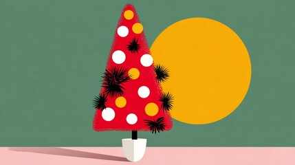 Wall Mural - a red and white christmas tree with a sun in the background. the tree is decorated with many ornamen