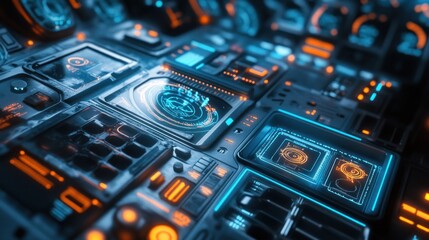 Futuristic cockpit displays showing data and controls
