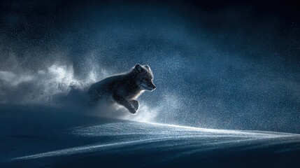 Wall Mural - a photo of a polar bear running in the snow at night, with the moon in the background in black and w