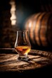 © Віталій Б. - A single whiskey glass filled with amber liquid sits on an aged wooden barrel in a softly lit distillery, creating an inviting and warm atmosphere in the evening