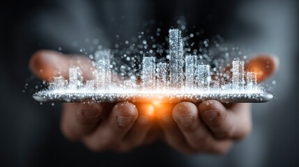   A close-up of a person holding a cell phone against a cityscape backdrop with snowflakes on the display