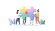 © mas - Illustration showing four individuals assembling giant puzzle pieces with minimalist foliage