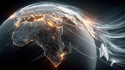 Wall Mural -   A detailed depiction of Earth showcases multiple lines originating from its surface and a radiant source emanating from its center