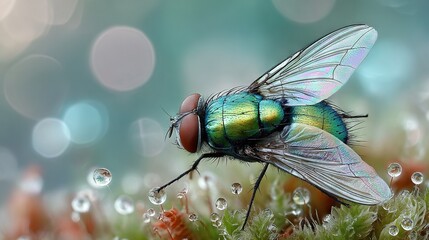 Wall Mural -   Fly on a plant with drops on wings and legs