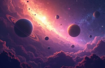 Wall Mural - Vibrant space galaxy illustration featuring Saturn, planets, and asteroids in purple nebula clouds. Starry cosmic dust scenery with a bright light source, creating a futuristic universe backdrop.