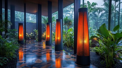 Illuminated floor lamps line a corridor with lush green foliage in the background.