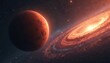 © Viktor - Red planet with glowing atmosphere orbits vibrant spiral galaxy. Starry deep space background with nebulae and celestial bodies. Science fiction artwork depicting cosmic exploration and universe.