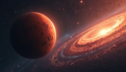 Wall Mural - Red planet with glowing atmosphere orbits vibrant spiral galaxy. Starry deep space background with nebulae and celestial bodies. Science fiction artwork depicting cosmic exploration and universe.