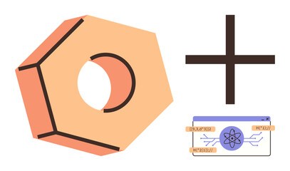 Abstract nut-shaped object, bold cross, and atomic nucleus within a digital UI. Ideal for engineering, science, technology, mechanics, innovation, digital systems simple flat metaphor