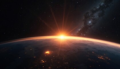 Wall Mural - Sun rises over Earths atmosphere from space, illuminating planet edge. City lights glow below. Stars visible in dark cosmos, clouds drift. Orbital view shows global planet curvature with orange light