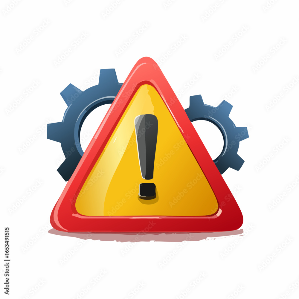 3D Attention sign with exclamation mark in red triangle and gear ...