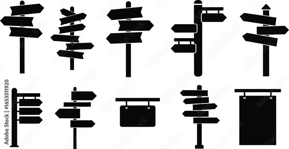 Collection of silhouette directional signposts and blank wooden sign ...