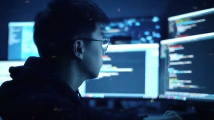 Asian Man Coding at Multiple Monitors