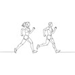 © Daniyar - Running man and woman, isolated vector illustration in continuous line drawing style. Run, side view. Silhouettes of athletic looking male and female runners running.