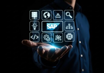 software concept. sap software system and enterprise integration. businesswoman interacts with digit