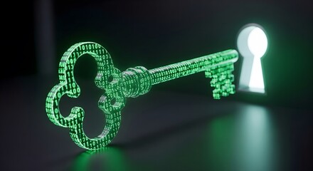 Vintage Key Made of Glowing Binary Code, an Encryption and Access Concept.