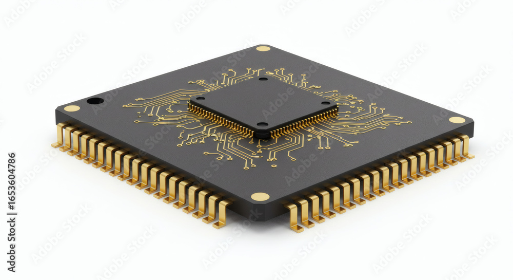 High-tech processor chip with gold pins, ideal for computer technology, isolated on white