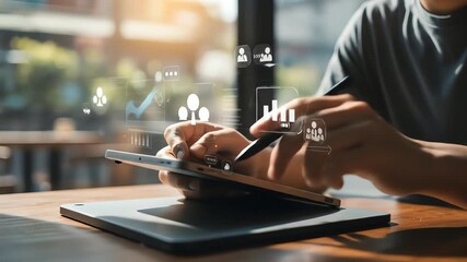 Person using a stylus on a tablet with data visualizations