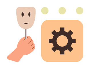 Human hand holding a smiling face mask next to a gear inside a square with dots overhead. Ideal for identity, technology, automation, masking, creativity, psychology, and systems. Simple flat