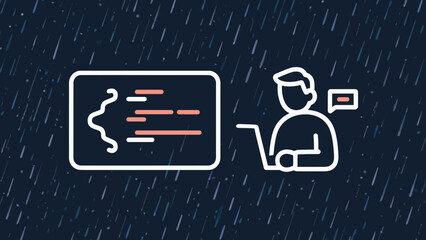 Software developer coding in the rain with laptop and message bubble icon