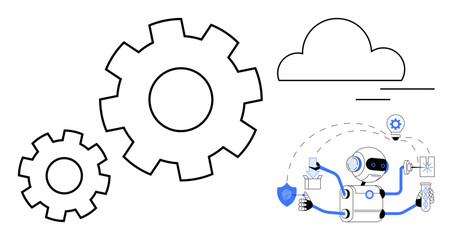 Wall Mural - robot interacting with gears, cloud, and security tools, symbolizing ai-driven automation and digita