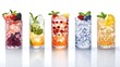 © ganva - Five colorful drinks with ice and fruit garnishes in glasses on white background.