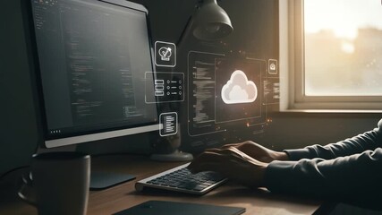 Developer coding with cloud graphics