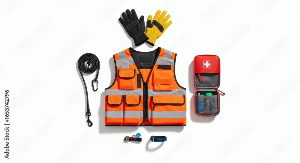 Protection Emergency Essential personal protective equipment including a reflective vest ...