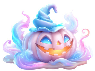Wall Mural - A cute and magical jack-o'-lantern with a witch's hat, glowing in a whimsical style.