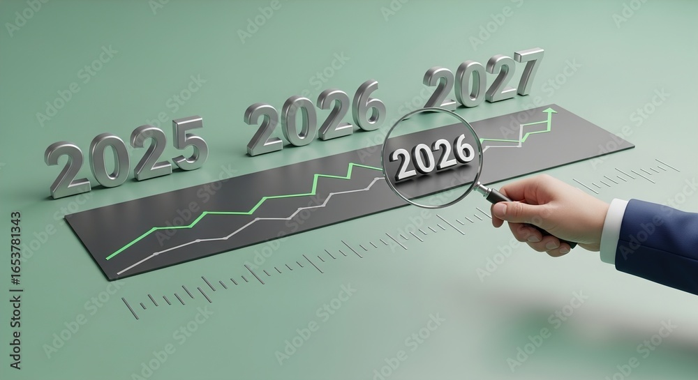 Focus on 2026 business plan with magnifying glass for future success ...