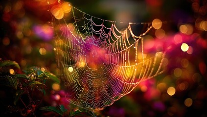 Dew-kissed spiderweb in vibrant colors.