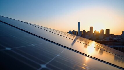 Solar panels reflect a sunrise over a city skyline