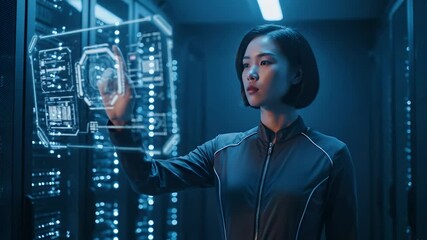 Woman in a data center interacts with a holographic interface