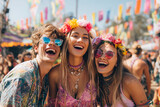 Przyjaciółki bawiące się na letnim festiwalu muzycznym – radość, taniec i kolorowa atmosfera wydarzenia.