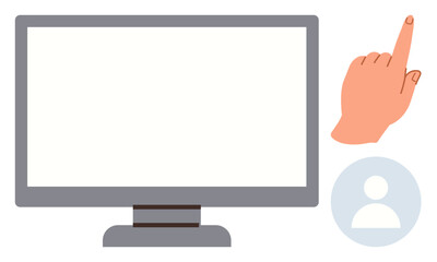 Hand pointing toward blank monitor screen next to user profile icon. Ideal for technology, user interface, digital interaction, online communication, software access, tutorials, simple flat metaphor