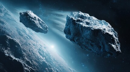 Wall Mural - two large asteroids float majestically through space, illuminated by a distant light source. the sce