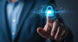 © EduQuest Publication - Businessman s finger activates glowing digital padlock symbolizing data protection and cybersecurity concept