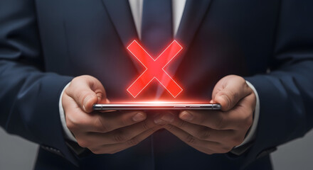 Conceptual image of a person holding a smartphone with a red 'X' symbol illuminated above, symbolizing rejection, error, or failure.
