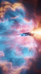 Wall Mural - 3D Illustration Of A Futuristic Spacecraft Traveling Through A Vibrant Colorful Nebula