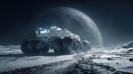 Wall Mural - a large space vehicle is driving on a snowy surface. the vehicle is surrounded by a large, glowing m