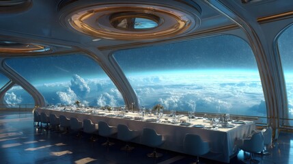 Wall Mural - a large dining table is set up in a restaurant with a view of the sky. the table is surrounded by ch