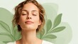 © mila103 - A woman with a green background is smiling and looking at the camera. The background has a leafy green color and the woman's hair is styled in a bun