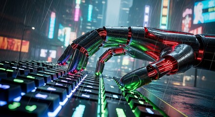 Robotic Hand Typing on Vibrant RGB Keyboard in Rainy Cyberpunk City.