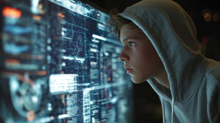 Wall Mural - a boy is looking at a computer screen with a hoodie on. the screen is filled with various lines and 