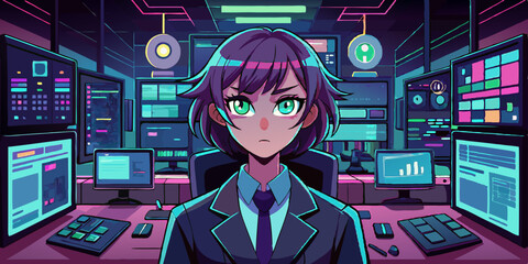 Vector illustration of anime-style woman coder in futuristic workplace, with glowing monitors and code, creative technology concept for modern design projects.