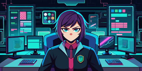 Vector illustration of anime-style woman coder in futuristic workplace, with glowing monitors and code, creative technology concept for modern design projects.