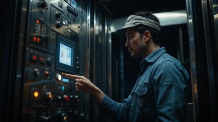 Man operating elevator panel, inside an elevator with control panel and screen displays