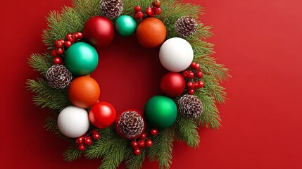 Wall Mural - festive wreath made of christmas ornaments, including green and red balls and pine cones, is display
